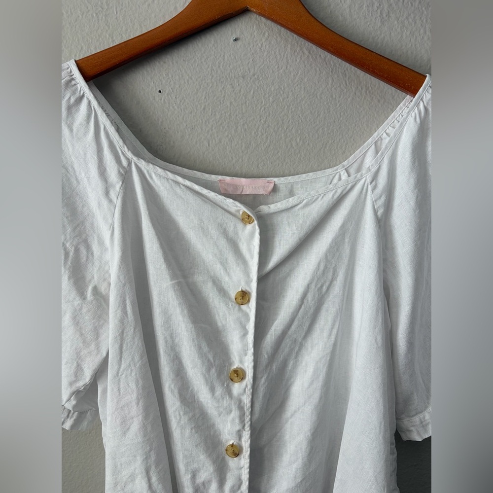 Everlane Linen Puff Sleeve Square Neck Button Peasant Blouse Women’s 14 Large - Picture 3 of 9